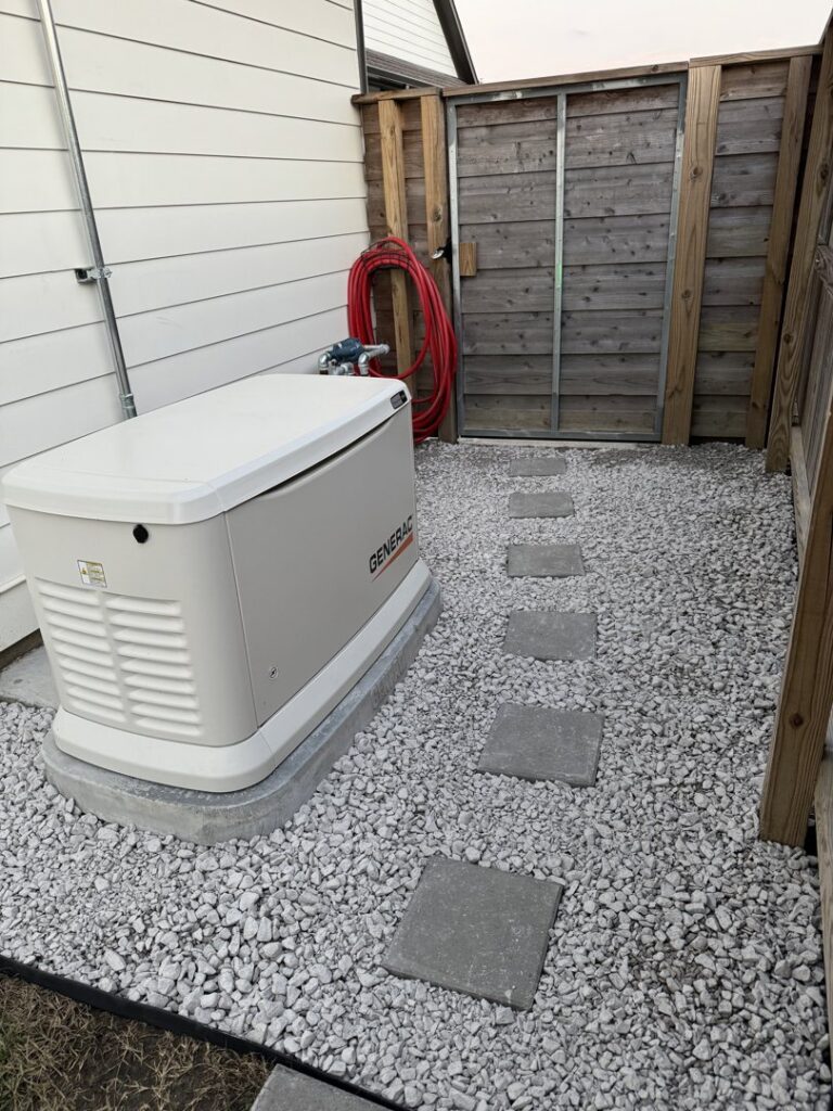 A home standby generator installed on a gravel bed by Optimize Generator People in Baton Rouge, LA.