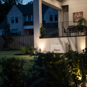 A Generac home standby generator and outdoor lighting installed by Edelman Heating, Cooling, Plumbing, Electric & Solar in Fairbury, IL.