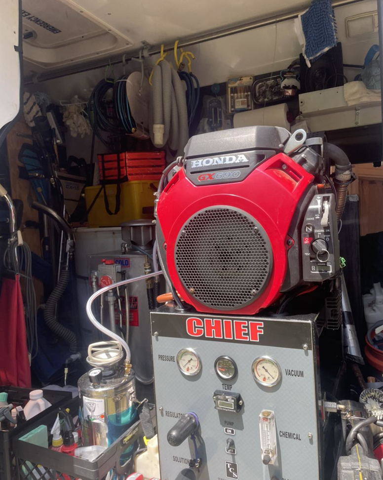 A Honda GX690 engine and Chief carpet cleaning machine inside a Dirt Blasters Carpet Cleaning Inc. van in Atlanta, GA