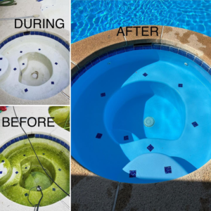 Before, during, and after collage of a hot tub cleaning service by Az Pool Man in Tucson, AZ, showing removal of green algae.