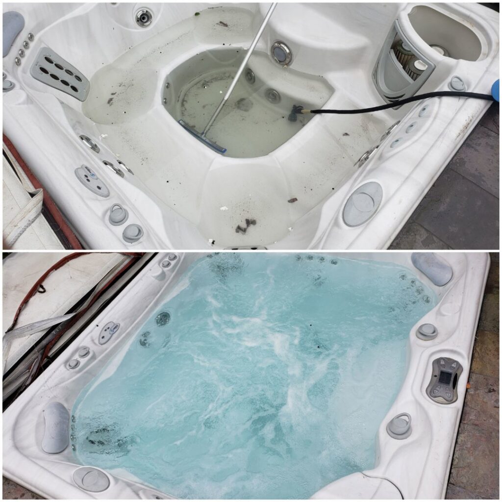 Before and after photos of a dirty hot tub cleaned and sparkling by Pool Doctors in Cape Coral, FL.