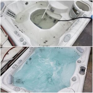 Before and after photos of a dirty hot tub cleaned and sparkling by Pool Doctors in Cape Coral, FL.