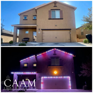Before and after of a house exterior with permanent holiday lighting installed by CAAM Integration LLC in Albuquerque, NM.
