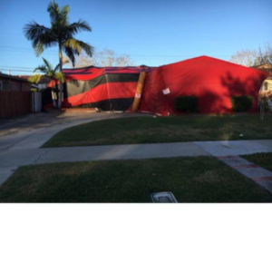 A residential house covered in red and black fumigation tenting by Intensive Pest Control in Long Beach, CA.