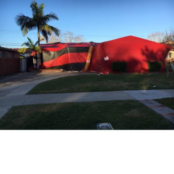 A residential house covered in red and black fumigation tenting by Intensive Pest Control in Long Beach, CA.