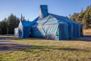 A house covered in a blue tarp for fumigation pest control by Pro Care Lawn and Pest in Jacksonville, FL.