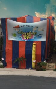 A house covered in a fumigation tent for termite and pest control by the bugman in Anaheim, CA.