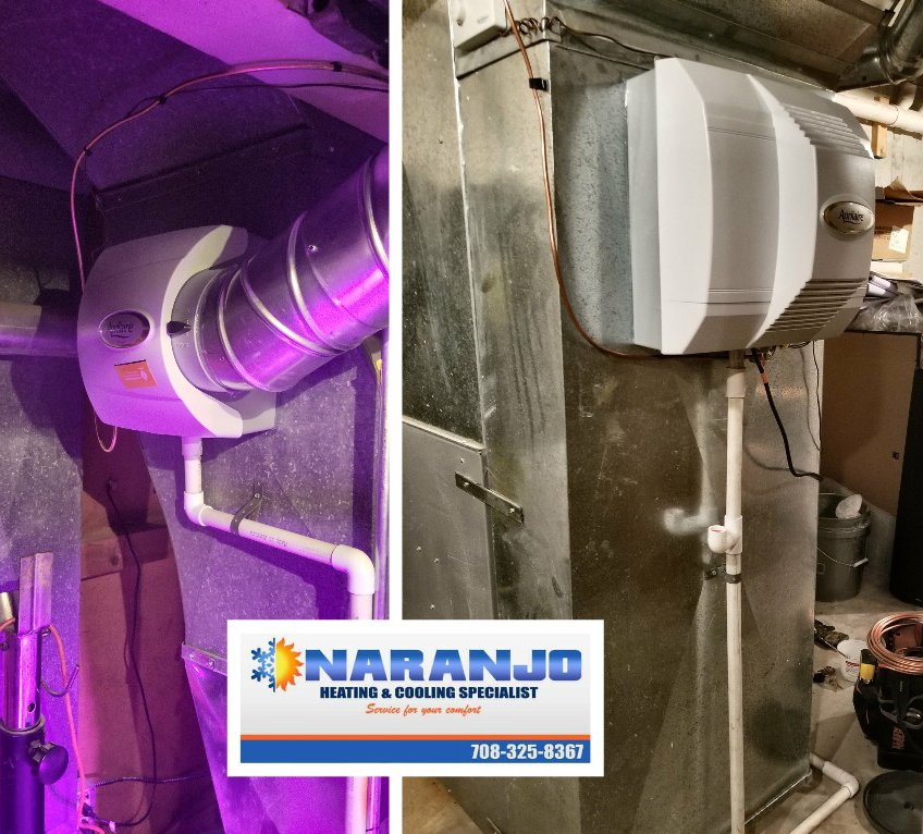 Before and after photos of a humidifier installation by Naranjo Heating & Cooling Specialist Inc. in Joliet, IL.