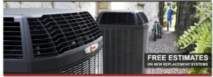 Two outdoor Trane air conditioning units, with an ad for free estimates, from Sullivan Heating & Cooling in Depew, NY