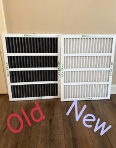 Old and new HVAC air filters, showcasing a service by JM Heating & Air Mechanical Services in Omaha, NE.
