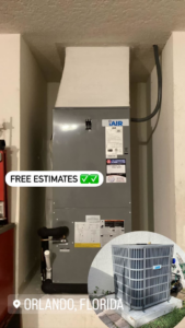 An installed HVAC air handler unit and outdoor condenser unit, showcasing a typical job by Keivin Rivero HVAC in Winter Garden, FL