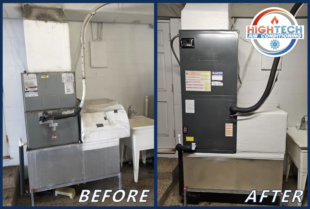 Before and after photos of an HVAC air handler replacement, demonstrating installation work by Keivin Rivero HVAC in Winter Garden, FL