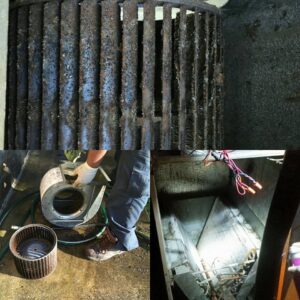 Before and after cleaning of an HVAC blower wheel and evaporator coil by Wilcox Services in Temple Hills, MD.