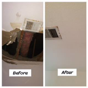 Before and after photos of a ceiling HVAC vent repair by Hows My Energy in Chandler, AZ, showing improved ventilation.