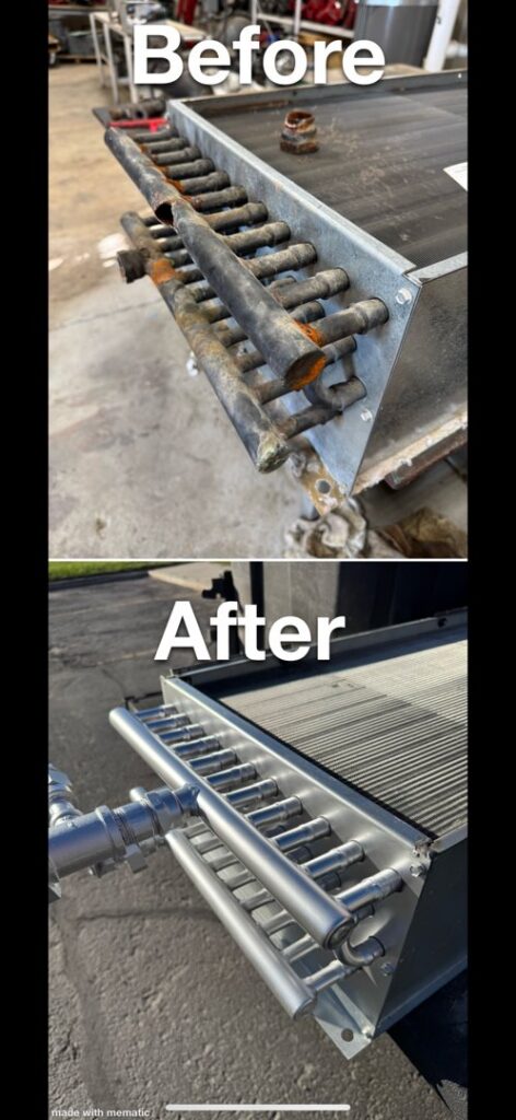 Before and after photos showing restoration of a rusty HVAC component by LeoAir, LLC in West Jordan, UT