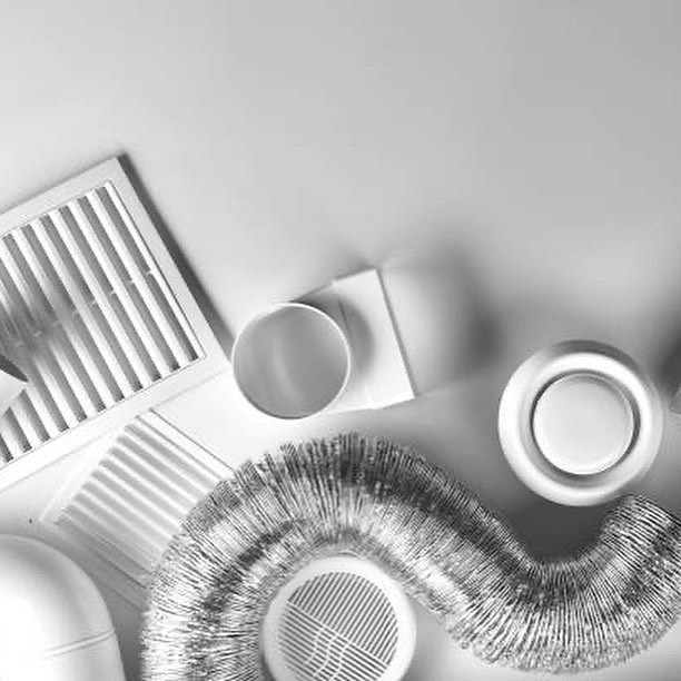 Various HVAC components including flexible ducting, vents, and diffusers, representing services offered by GreenSerbiz in Los Angeles, CA