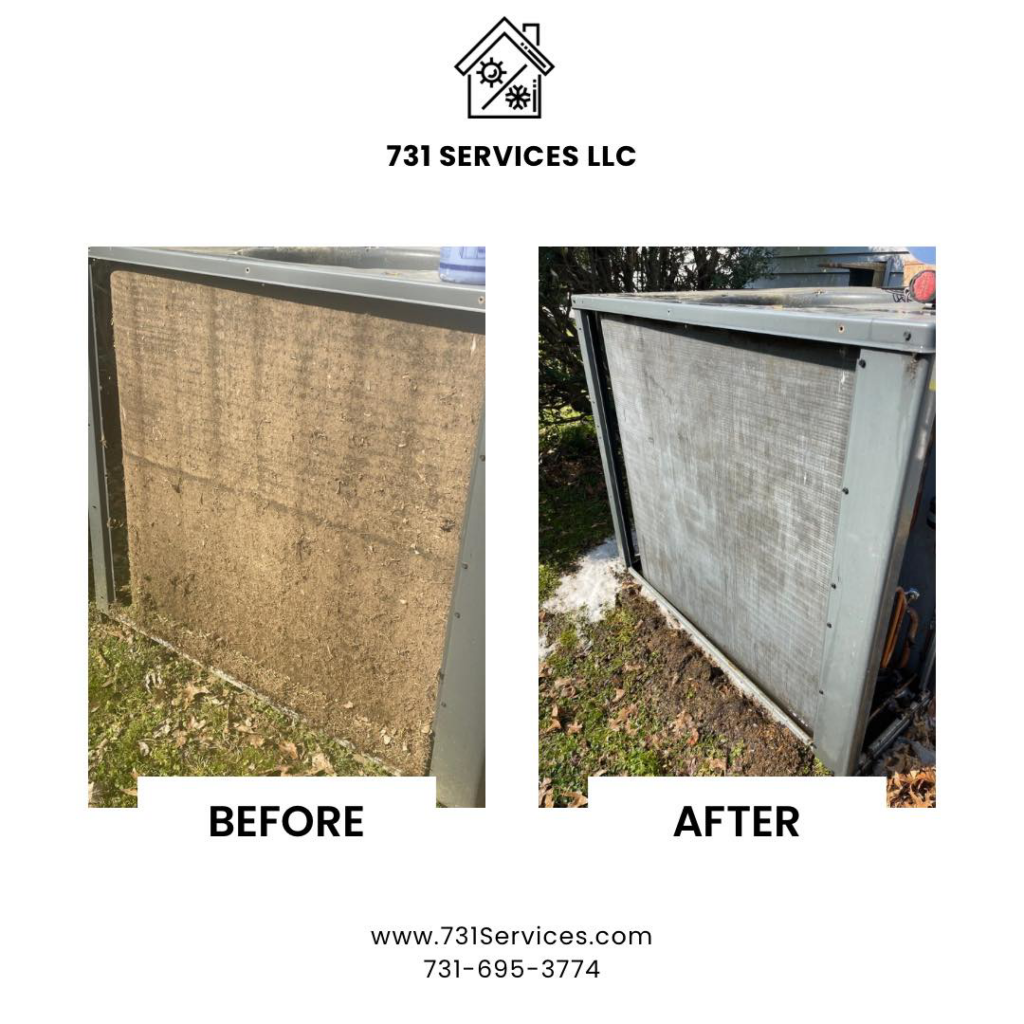Before and after photos of a dirty HVAC condenser unit cleaned by 731 Services LLC in Jackson, TN