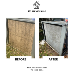 Before and after photos of a dirty HVAC condenser unit cleaned by 731 Services LLC in Jackson, TN