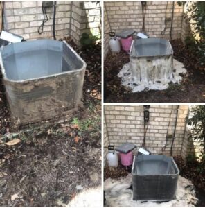 A collage showing the before, during, and after cleaning of an outdoor HVAC condenser coil by Systematic Heating & Air in Winston-Salem, NC.