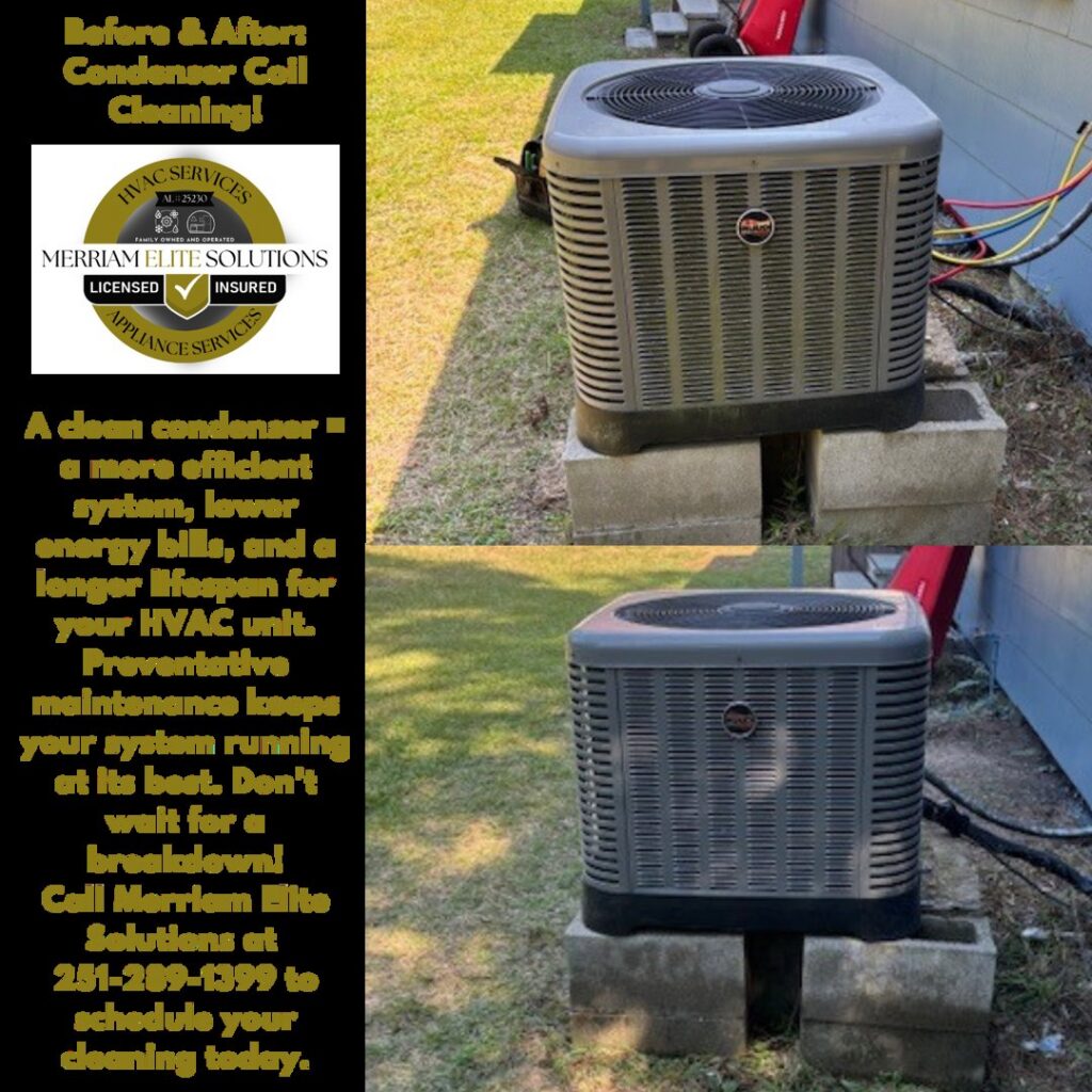Before and after photos of a clean HVAC condenser coil by Merriam Elite Solutions in Satsuma, AL, showing improved efficiency.