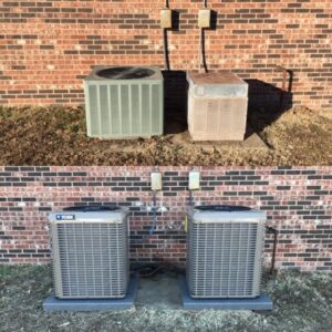 Before and after comparison of old and new outdoor HVAC condenser units installed by Freeman Heat & Air in Roland, OK