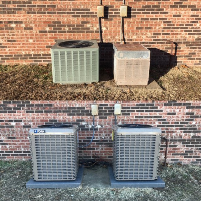Before and after comparison of old and new outdoor HVAC condenser units installed by Freeman Heat & Air in Roland, OK
