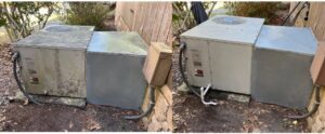 Before and after comparison of an outdoor HVAC condenser unit cleaning by Joe's Heating & Air Repair LLC in Surf City, NC