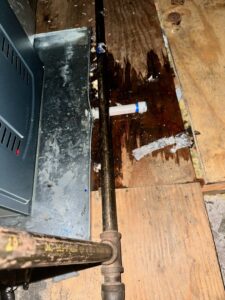 Evidence of a leaky HVAC drain pan requiring repair by C&K Air and Heating, Inc. in Olive Branch, MS.