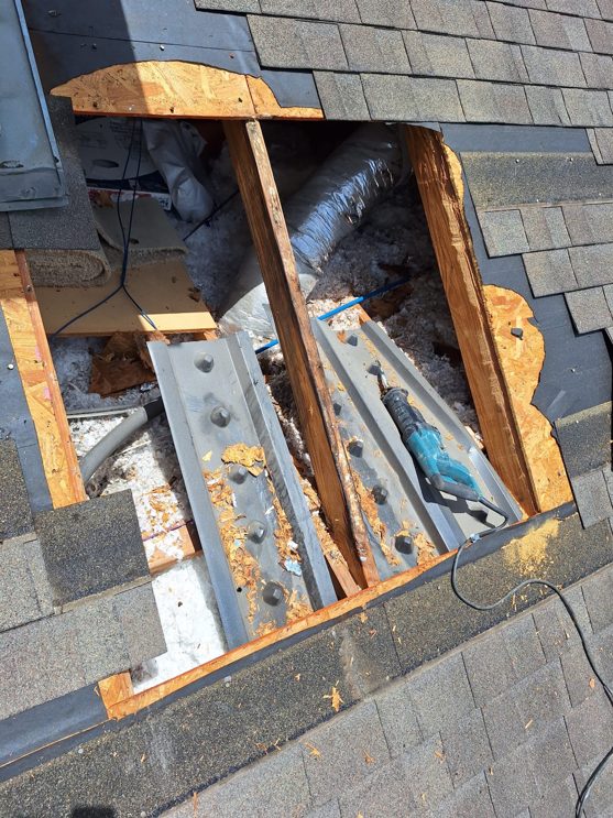 HVAC duct installation through a roof opening, showing insulation and flexible ductwork by Turbo Home Services, LLC in Houston, TX.