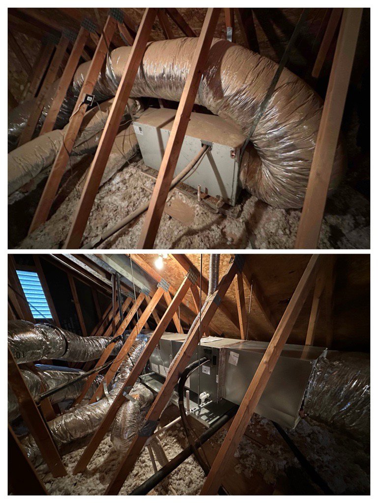 Before and after views of HVAC ductwork and air handler installation in an attic by Hicken Air in Gilbert, AZ
