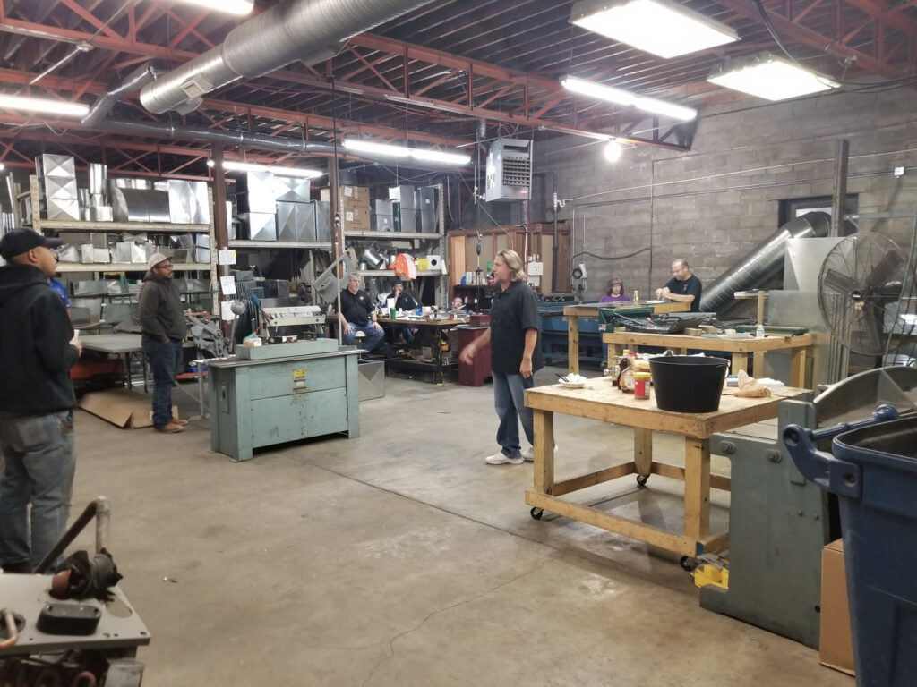 Interior view of the HVAC ductwork fabrication shop at Frederick Plumbing, Heating & Air Conditioning in Wichita, KS