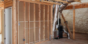 HVAC ductwork and a furnace being installed in a framed residential building by BV Air Conditioning & Heating in Dallas, TX.
