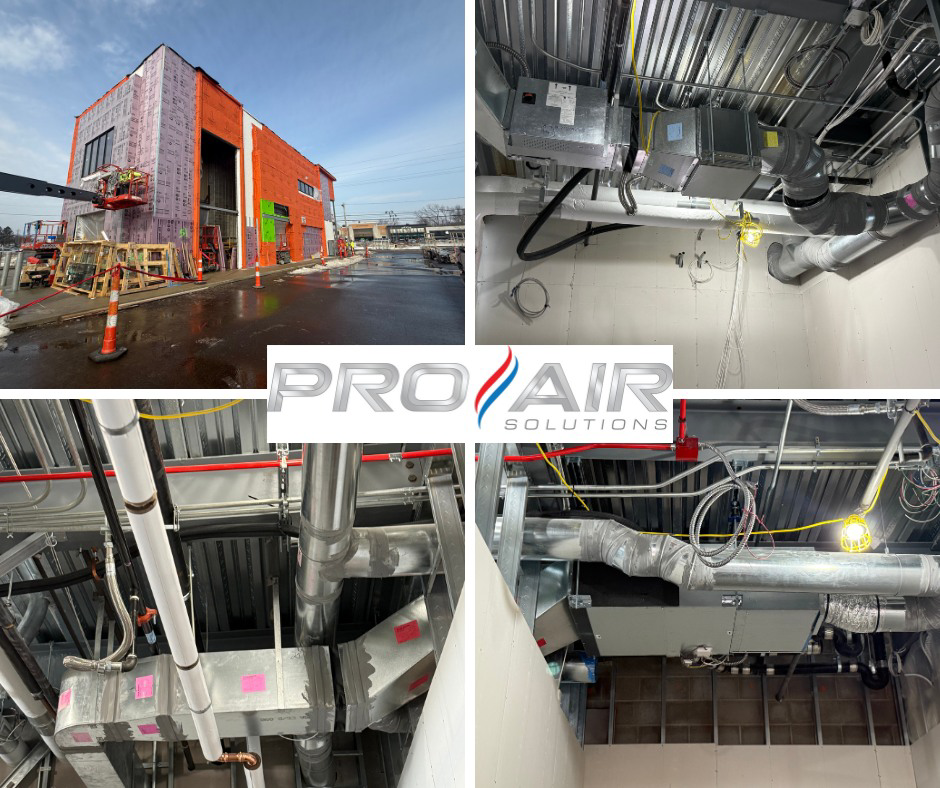 HVAC ductwork and units being installed inside a commercial building by Pro Air Solutions in Cleveland, OH