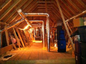 HVAC ductwork installation in an attic space completed by Air Care Heating and Cooling Services in Shreveport, LA.