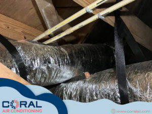 Newly installed insulated HVAC ductwork in an attic space by Coral Air Conditioning in Cape Coral, FL.