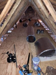 HVAC ductwork installation in an attic by S&A Heating And Cooling in Cornelius, OR.