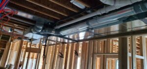 Extensive HVAC ductwork installed in the ceiling of a new construction home by 406 Heating & Cooling LLC in Missoula, MT.