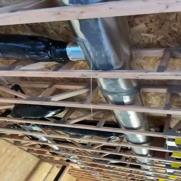 HVAC ductwork installation in a new construction home, showing insulated and rigid ducts by A's Heating and Cooling LLC in Portland, OR.