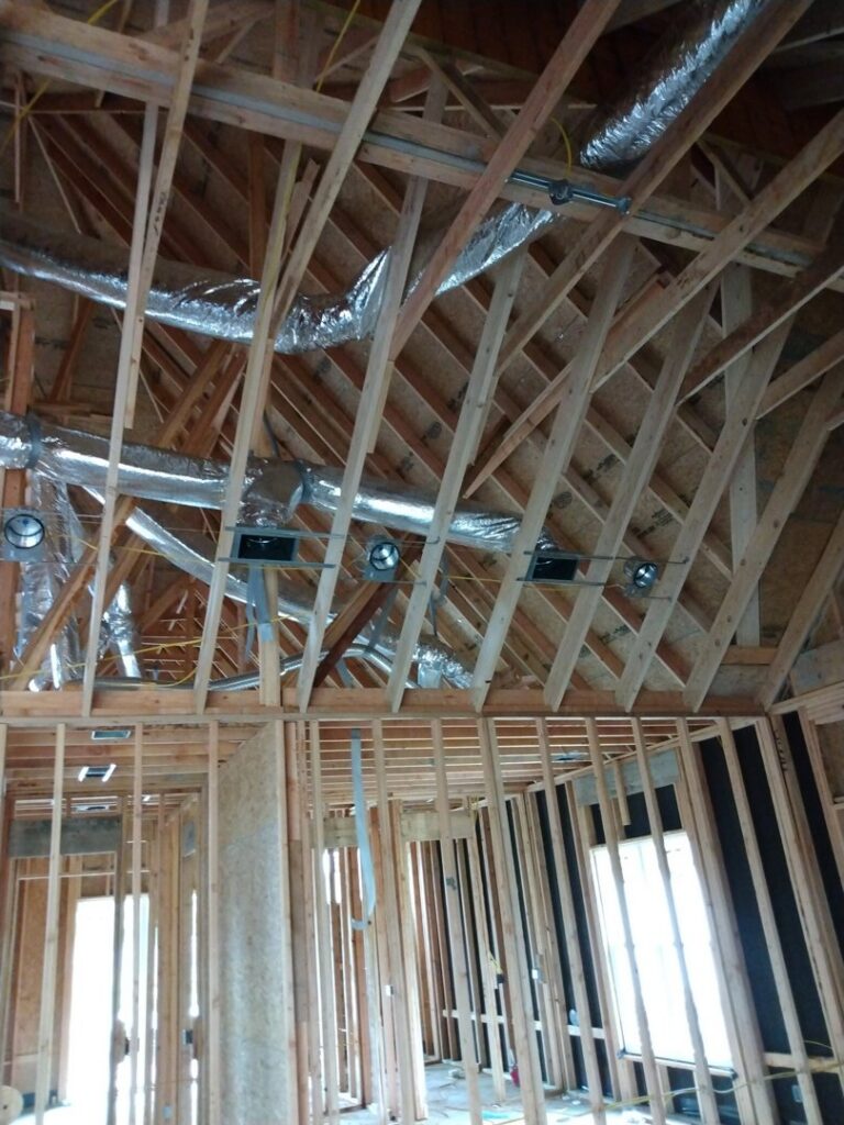 Extensive HVAC ductwork installation in the attic of a new construction project by Dowd Heat & Air in Tulsa, OK.