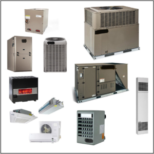 A collage of various HVAC equipment, including air conditioners, furnaces, and mini-split systems, serviced by Northern Custom MetalFab LLC in Elk Mound, WI.