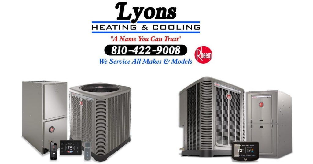 A display of various HVAC equipment including furnaces, AC units, and thermostats by Lyons Heating and Cooling in Lyons, OR.