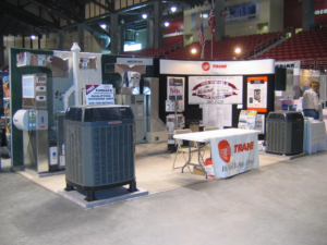 A display of various HVAC equipment, including furnaces and air conditioners, by Midwest Heating & Air Conditioning in Grand Island, NE.
