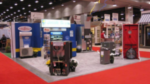 A trade show display showcasing various HVAC equipment and systems offered by Jacob Bros. Heating & Air Conditioning in Cincinnati, OH.