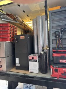 HVAC equipment and tools organized inside a work van for Comfort Systems and Solutions in Coventry, RI