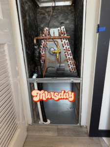 An HVAC evaporator coil and internal components of an air handler serviced by Legacy Mechanical LLC in Sunland Park, NM.