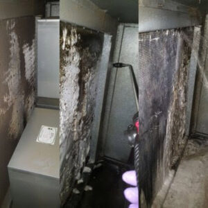 Before and after cleaning of a dirty HVAC evaporator coil by Wilcox Services in Temple Hills, MD.