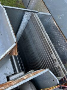 Close-up view of an HVAC evaporator coil inside an air handler being inspected by Krantz Kooling & Heating in West Columbia, SC