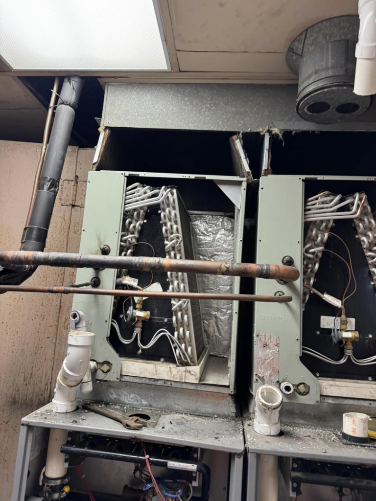 Evaporator coils and internal components of HVAC air handler units during service by Indoor Weather Solutions LLC in Broken Arrow, OK.