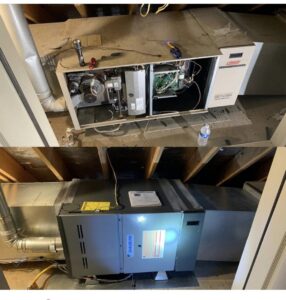 Before and after photos of an old furnace/air handler being replaced with a new Daikin unit by Keith HVAC & Electrical Enterprises LLC in New Orleans, LA.