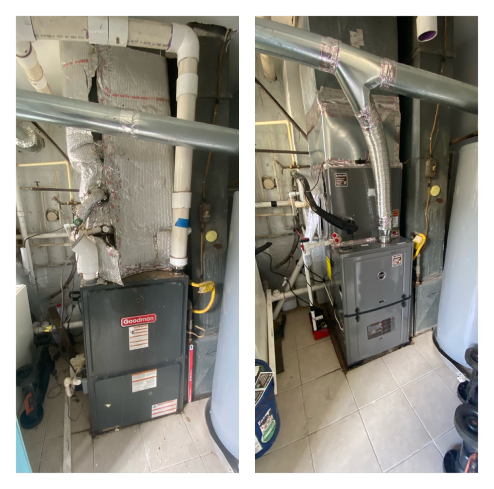 Before and after view of an HVAC furnace and air handler replacement by Vico&Son HVAC Services and Sheet Metal LLC in Beltsville, MD.